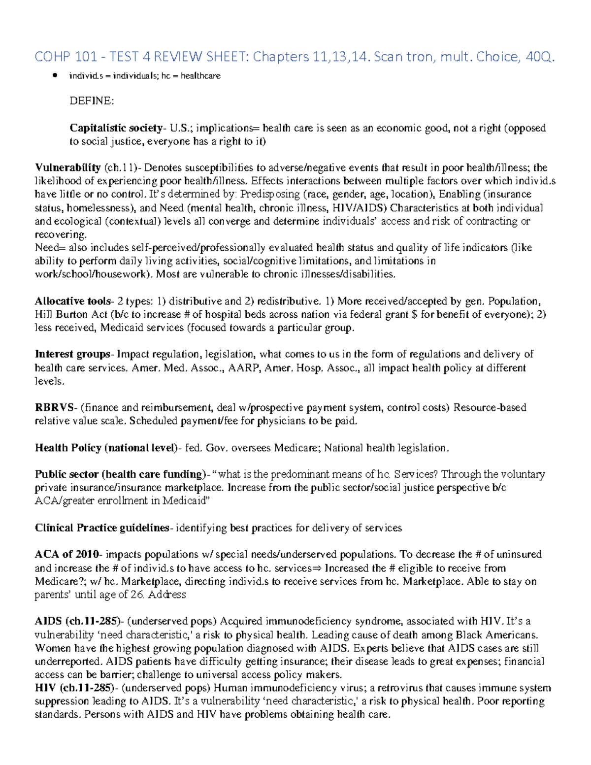 COHP 101 Test 4 Review Sheet: Chapters 11 13 14 - Studocu