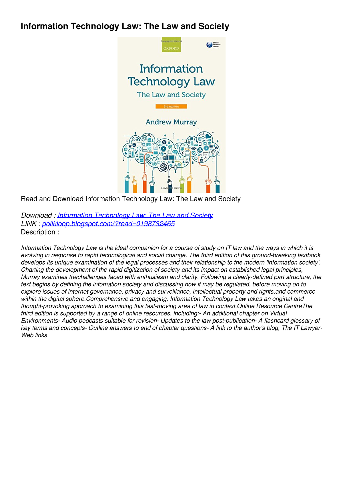 READ [PDF] Information Technology Law: The Law And Society Full ...