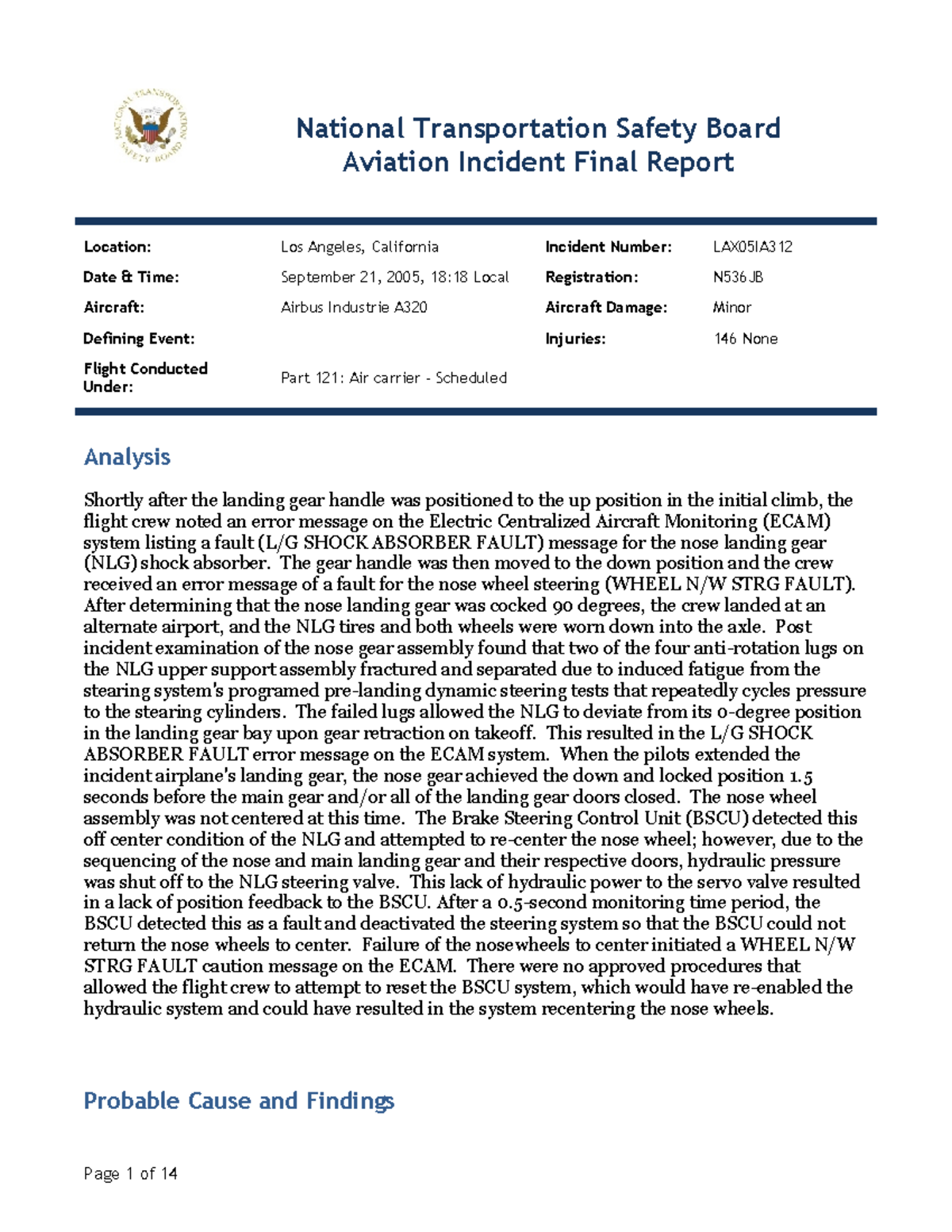 Jetblue Airlines Report - Page 1 of 14 National Transportation Safety ...