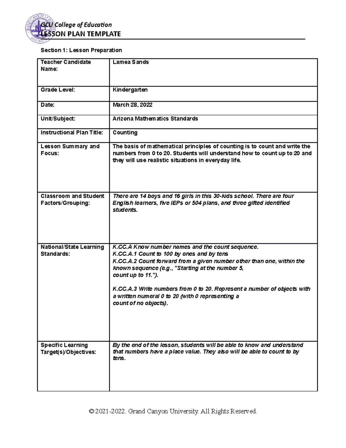 Topic 6 - LESSON PLAN TEMPLATE Section 1: Lesson Preparation Teacher ...