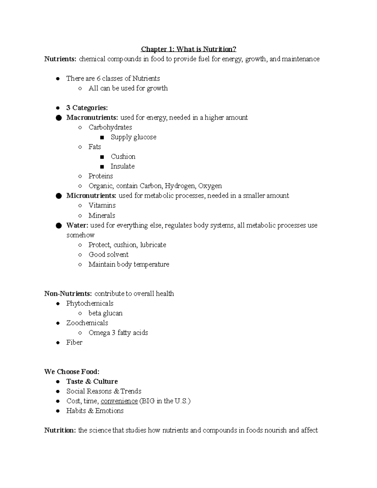 Nutrition Notes Typed - Chapter 1: What is Nutrition? Nutrients ...