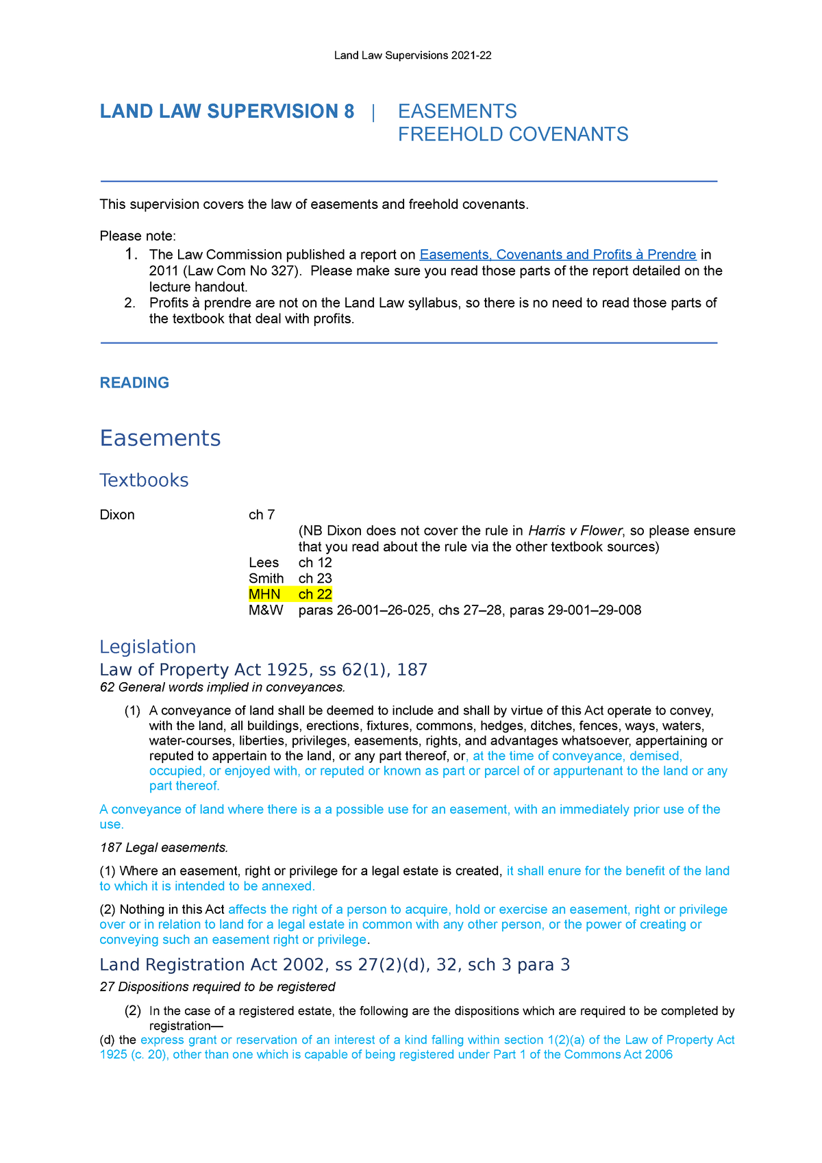 Lls8 Easements And Freehold Covenants Land Law Supervision 8 Easements Freehold Covenants 6684