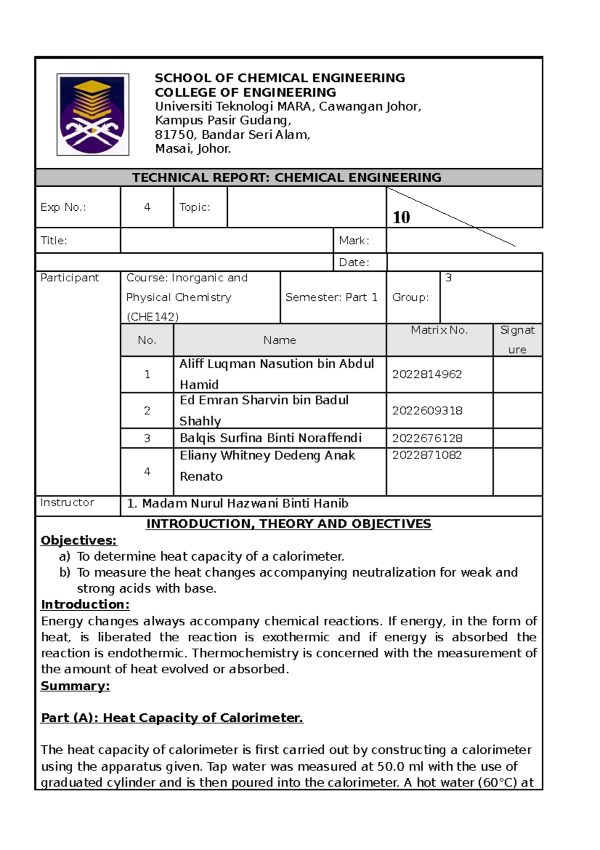 CHE142 HEAT OF Neutralization LAB Report 2022 SCHOOL OF CHEMICAL