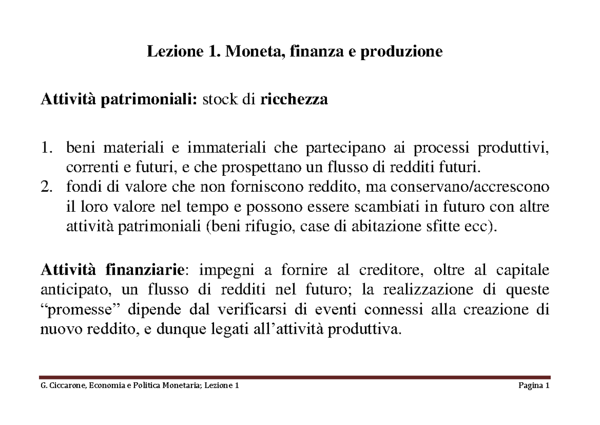 Lezione 1 - SLIDE - Lezione 1. Moneta, finanza e produzione Attività ...