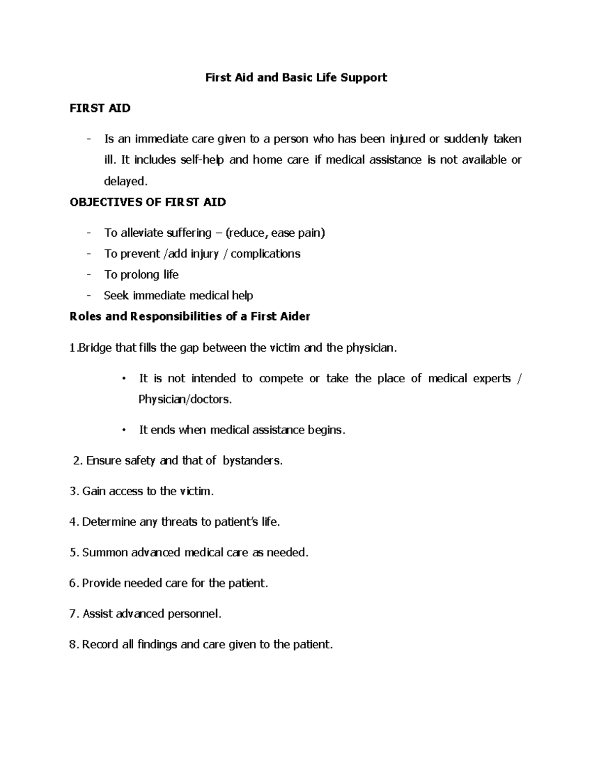 NSTP- Reviewer - REVIEWW - First Aid and Basic Life Support FIRST AID ...