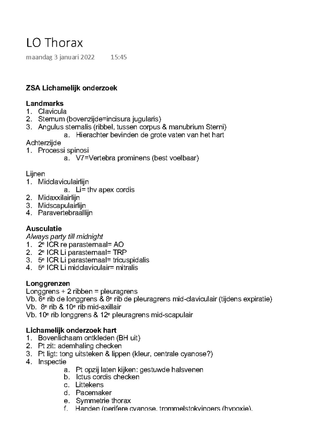 Lichamelijk Onderzoek Thorax - ZSA Lichamelijk Onderzoek Landmarks ...