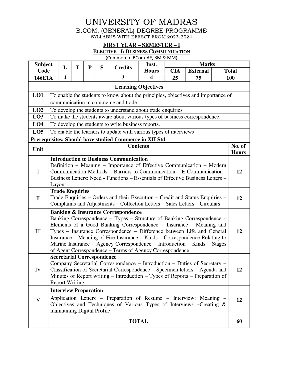 146E1A - business communication new syllabus - UNIVERSITY OF MADRAS B ...