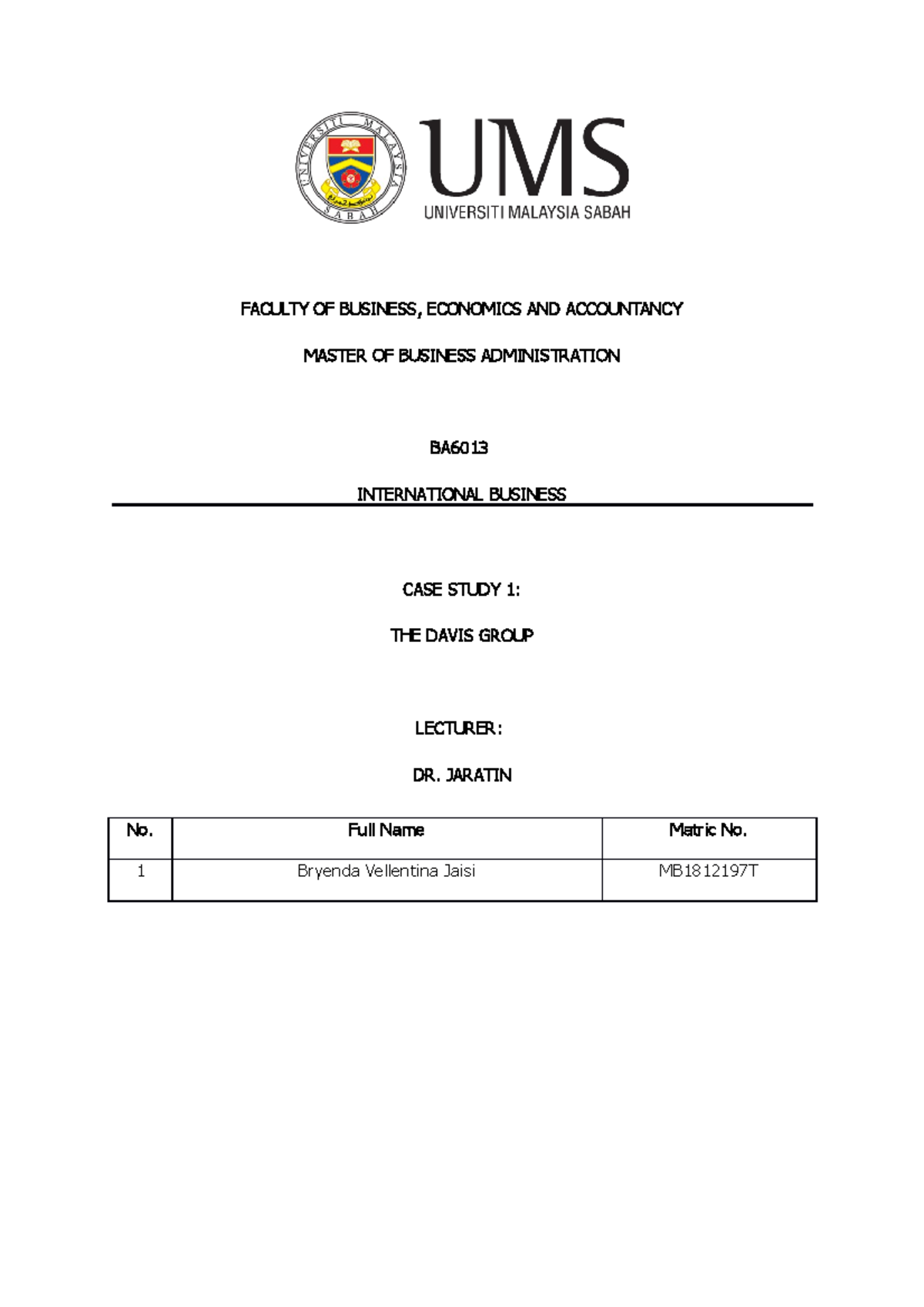 International Business Case Study 1 - FACULTY OF BUSINESS, ECONOMICS ...