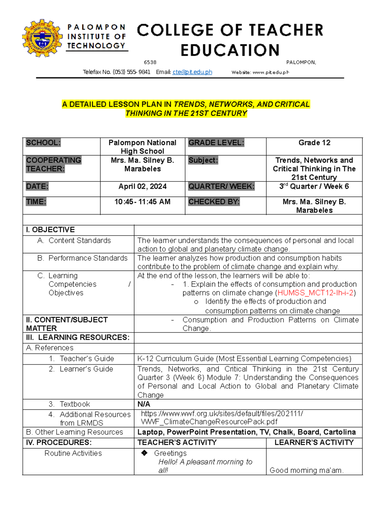 Lesson-PLAN- Final-DEMO - 6538 PALOMPON, A DETAILED LESSON PLAN IN ...