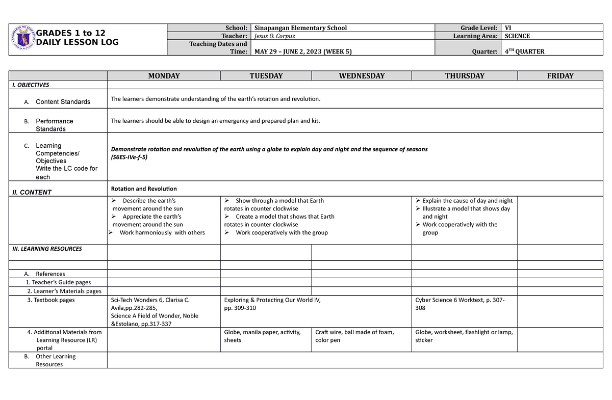 dll-science-6-q4-w5-grades-1-to-12-daily-lesson-log-school