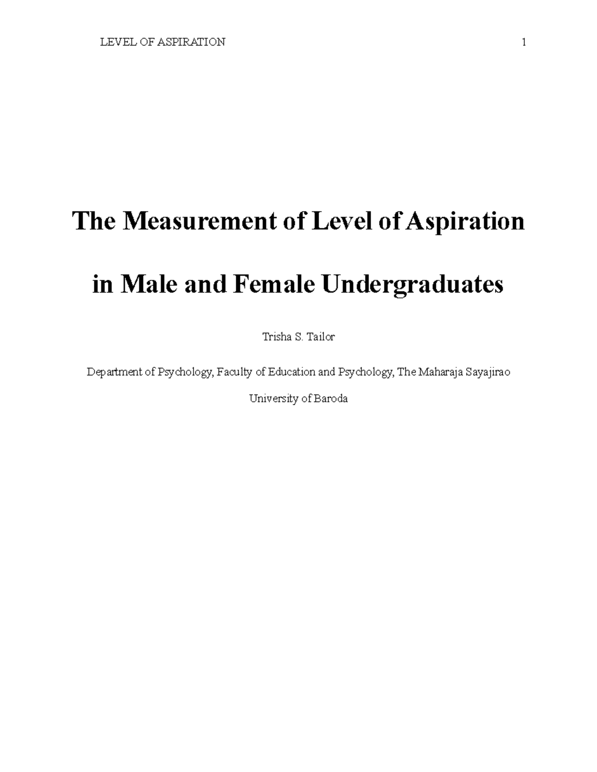 Level of Aspiration - Tailor Department of Psychology, Faculty of ...