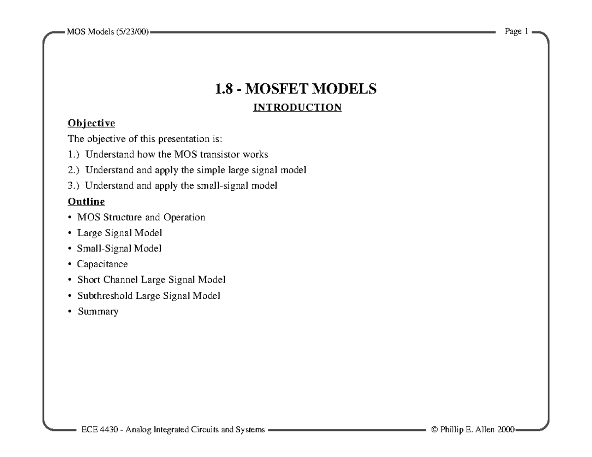 MOSModels - Page 1 MOS Models (5/23/00) 1 - MOSFET MODELS INTRODUCTION ...