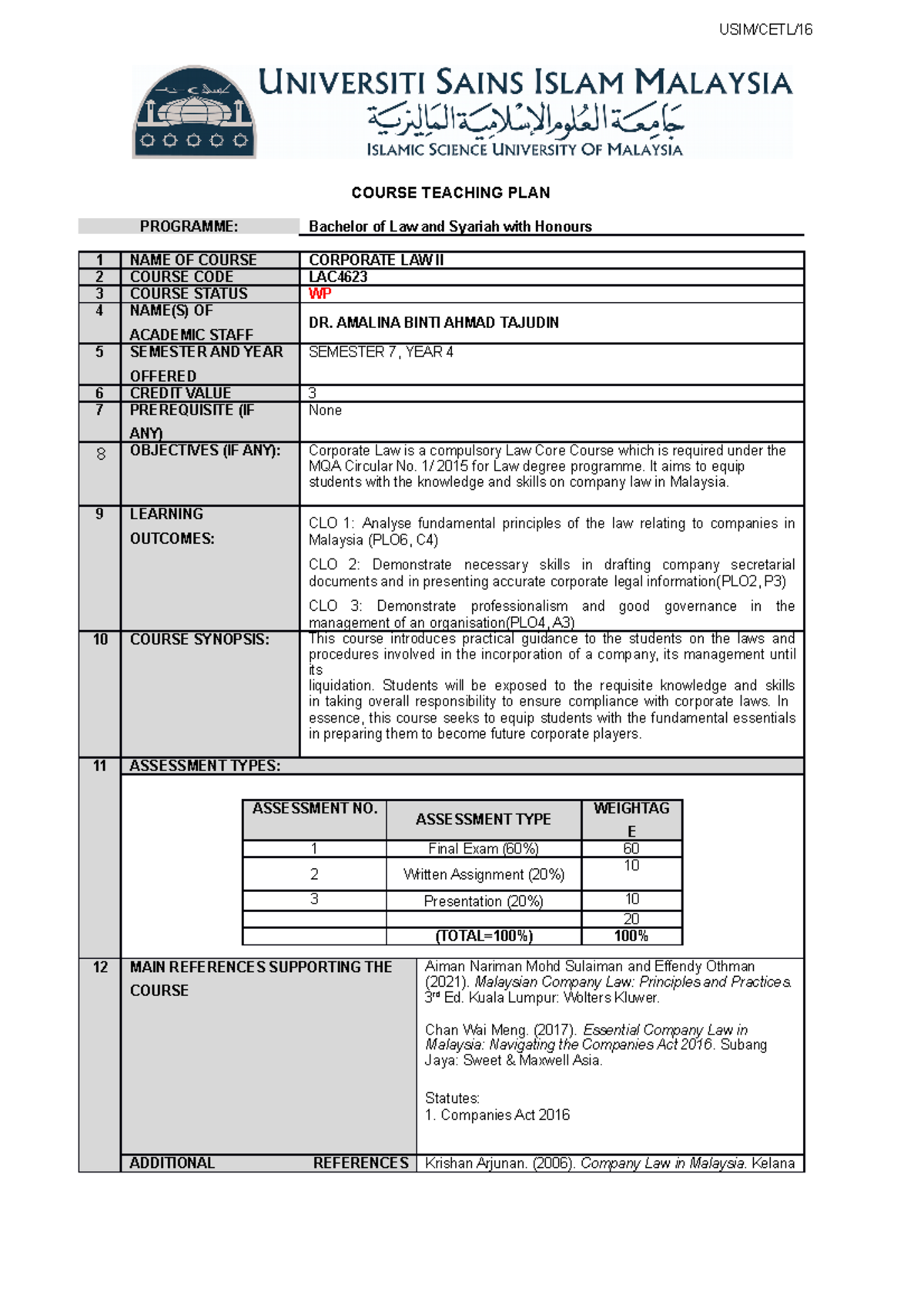 LAC4623 Course Teaching Plan FSU [A221] - COURSE TEACHING PLAN ...