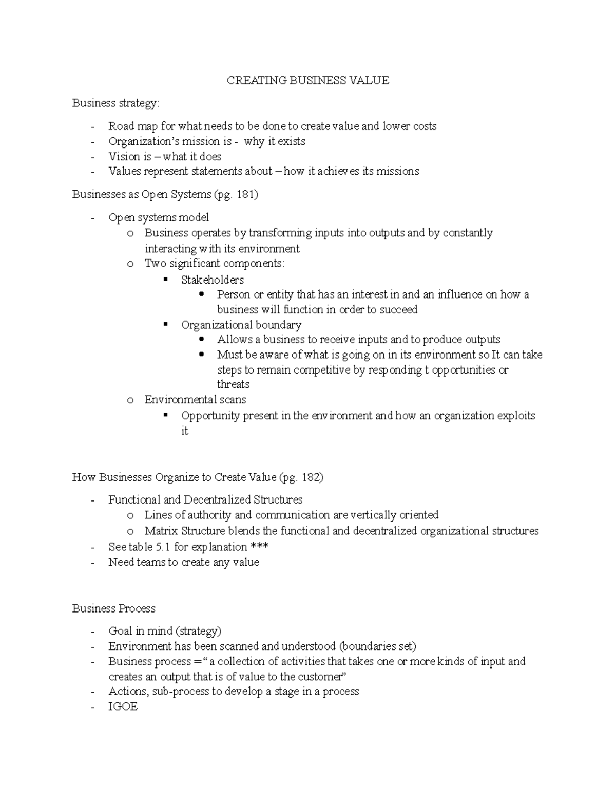 Chapter 5 Textbook Notes - CREATING BUSINESS VALUE Business strategy ...