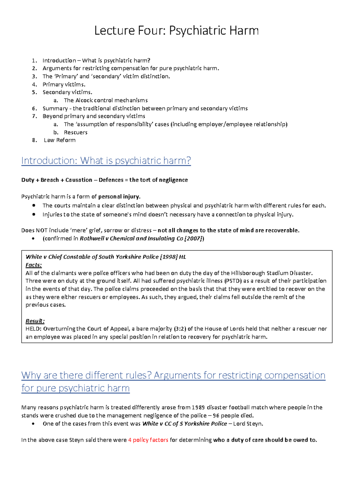 psychiatric-harm-tort-law-notes-lecture-four-psychiatric-harm