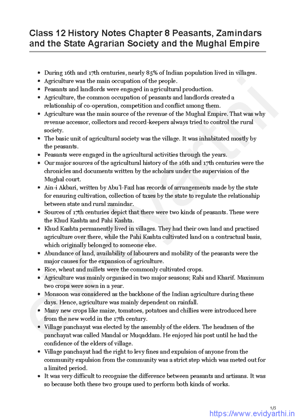 Notes Chapter 8 Peasants Zamindars and the State Agrarian Society and