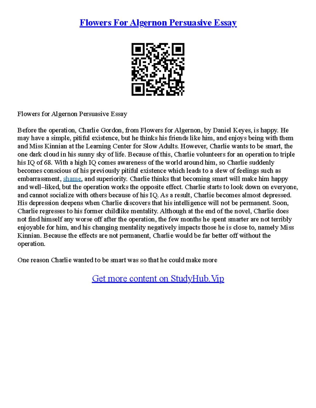 Flowers For Algernon Essay Questions Flowers For Algernon Persuasive