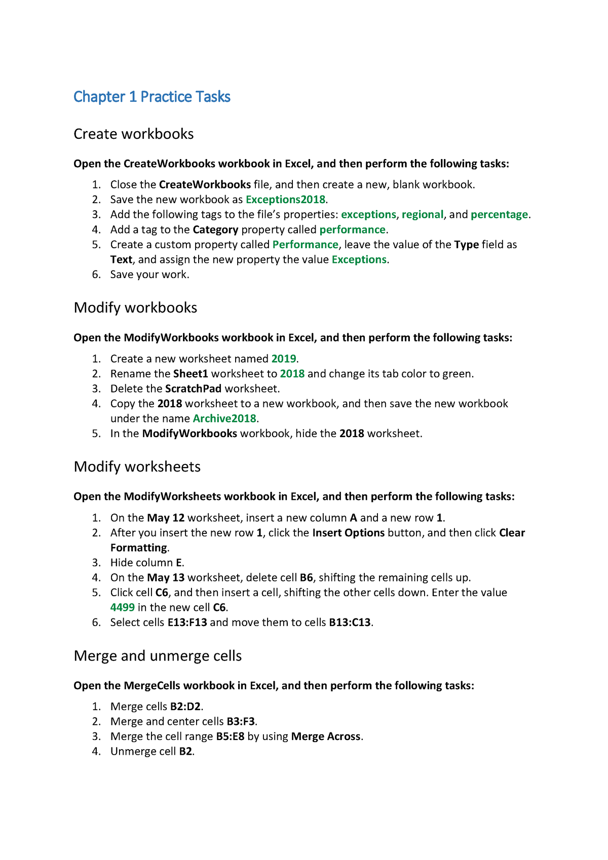 Chapter 1 Practice Tasks - Chapter 1 Practice Tasks Create Workbooks ...