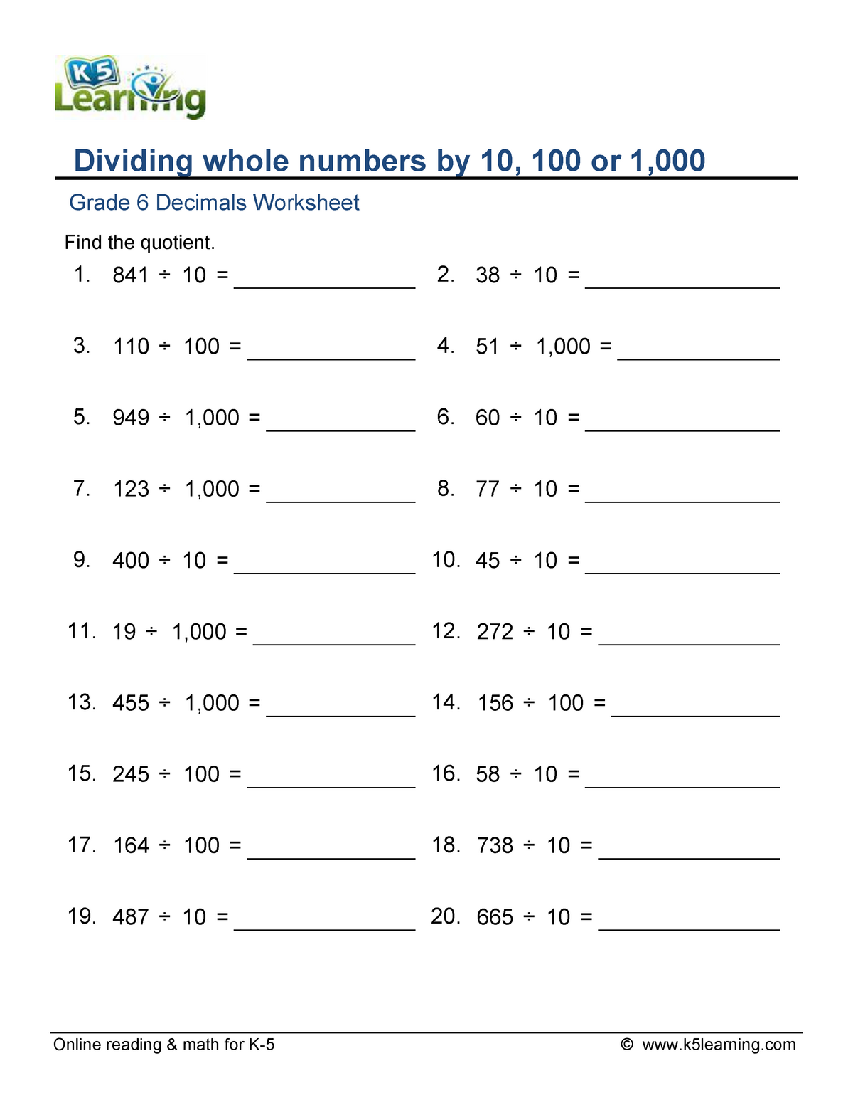 Dividing whole numbers by 10, 100 or 1,000 - MATH - MQ - Studocu