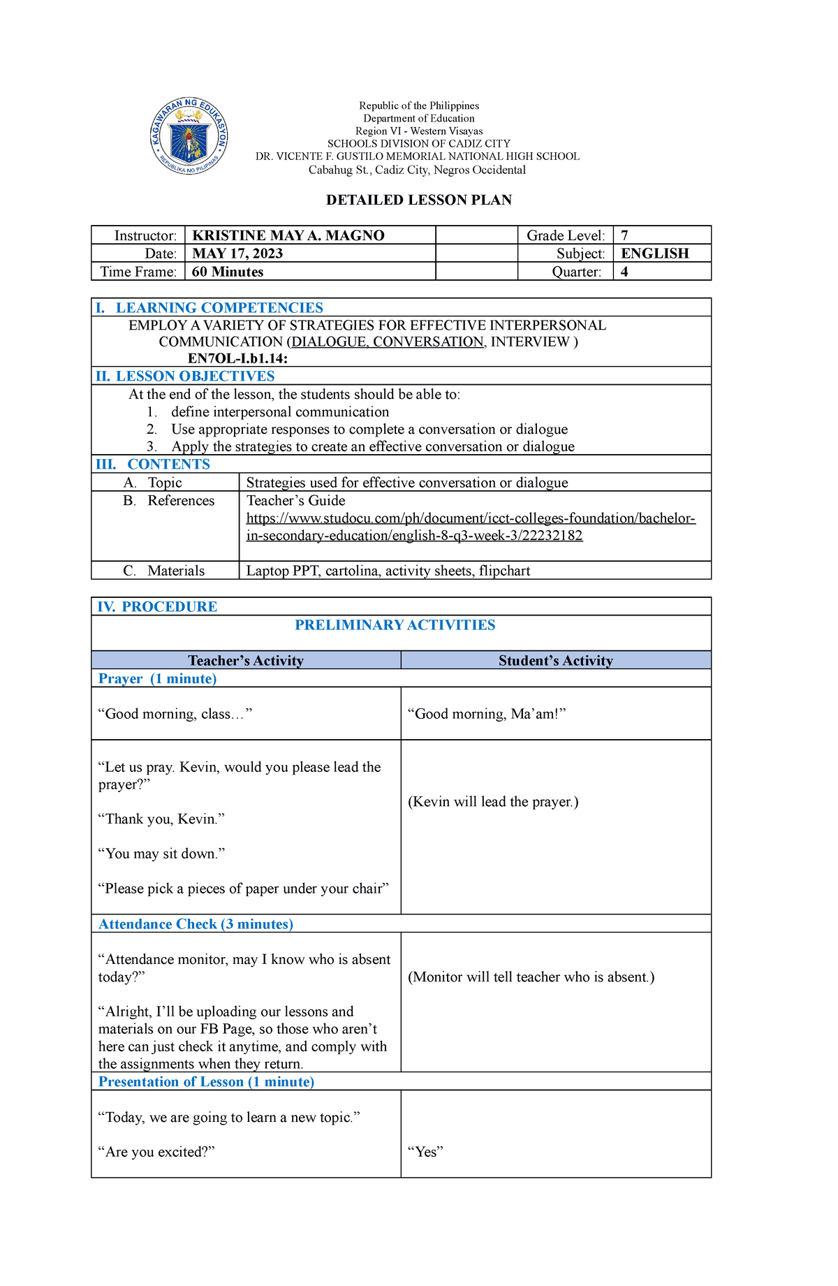 Revise Lp Lesson Plan Republic Of The Philippines Department Of Education Region Vi