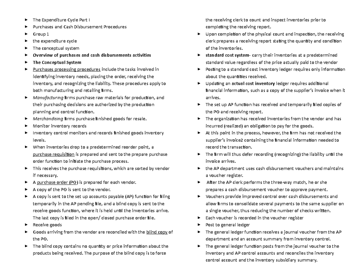 AIS Outline MID - Lecture notes 1-5 - The Expenditure Cycle Part I ...