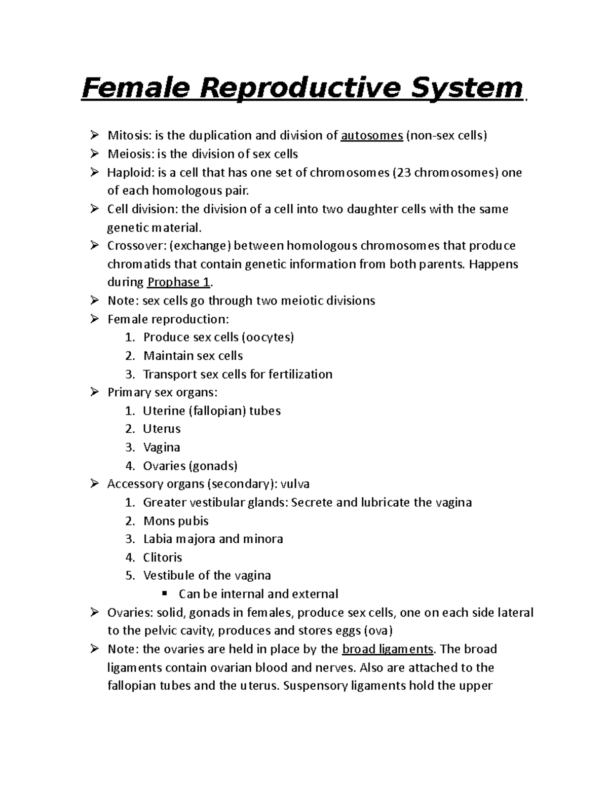 Female Reproductive System Notes - Female Reproductive System  Mitosis: is  the duplication and - Studocu