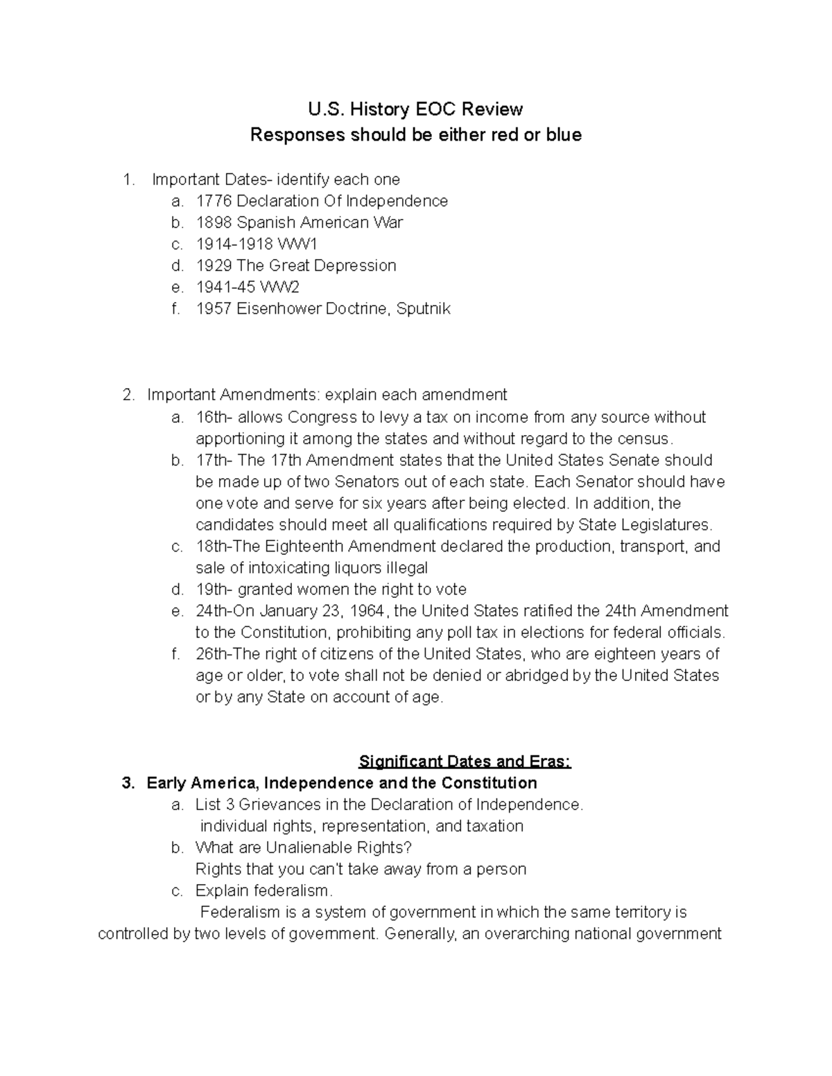U.S. History EOC Review U. History EOC Review Responses should be