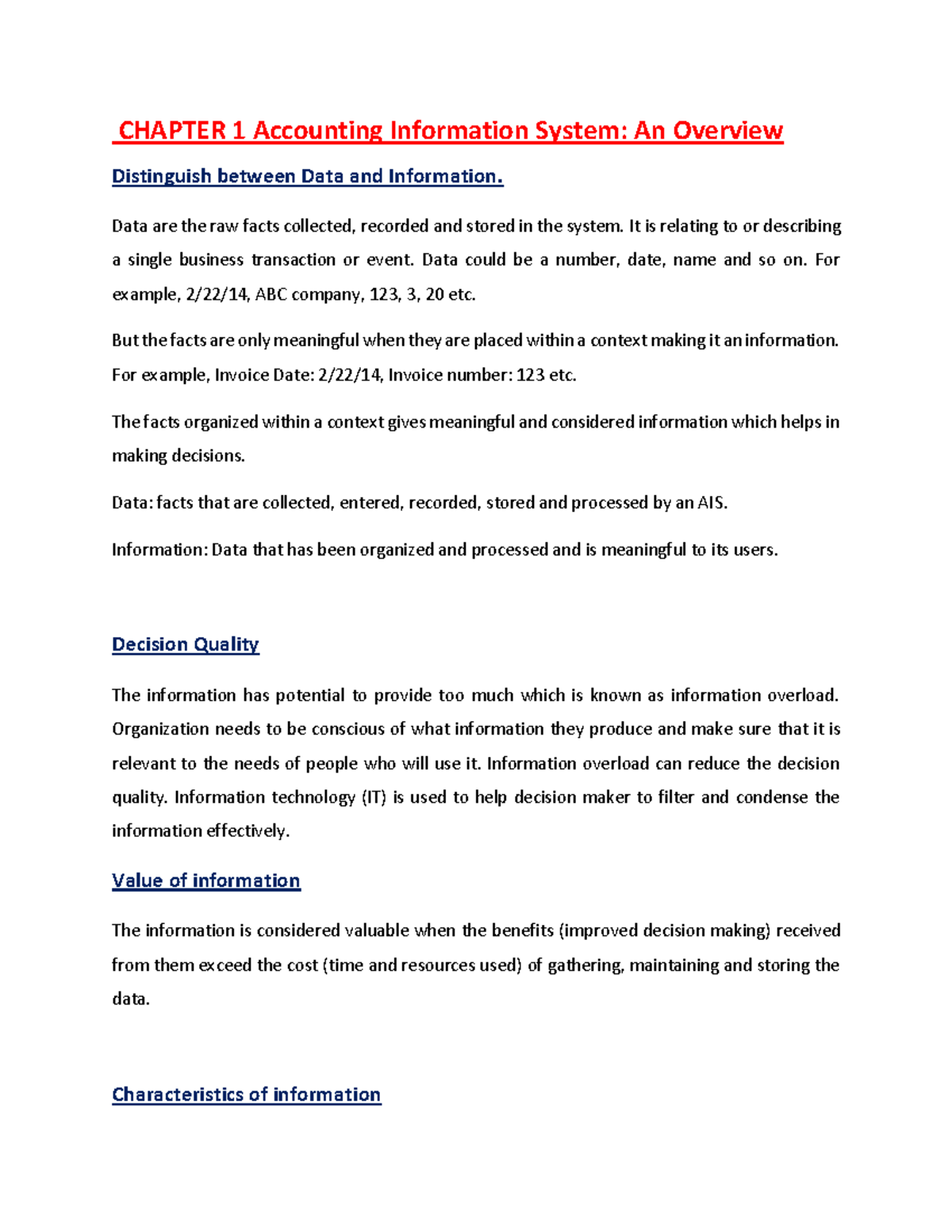 Data and Information - Lecture notes 1-2 - CHAPTER 1 Accounting ...