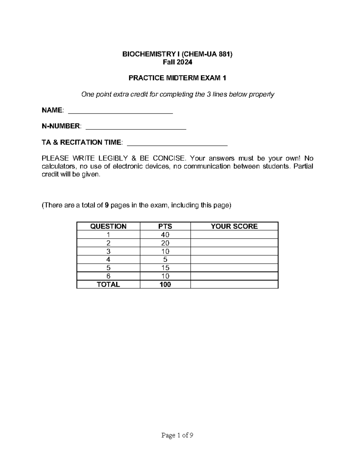 Practice Midterm Exam 1 Questions - BIOCHEMISTRY I (CHEM-UA 881) Fall ...
