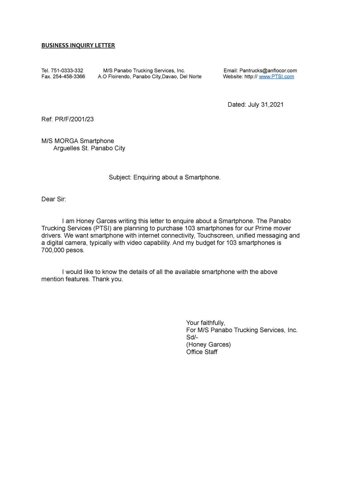 Business Letter Garces & Caluban - BUSINESS INQUIRY LETTER Tel. 751 ...
