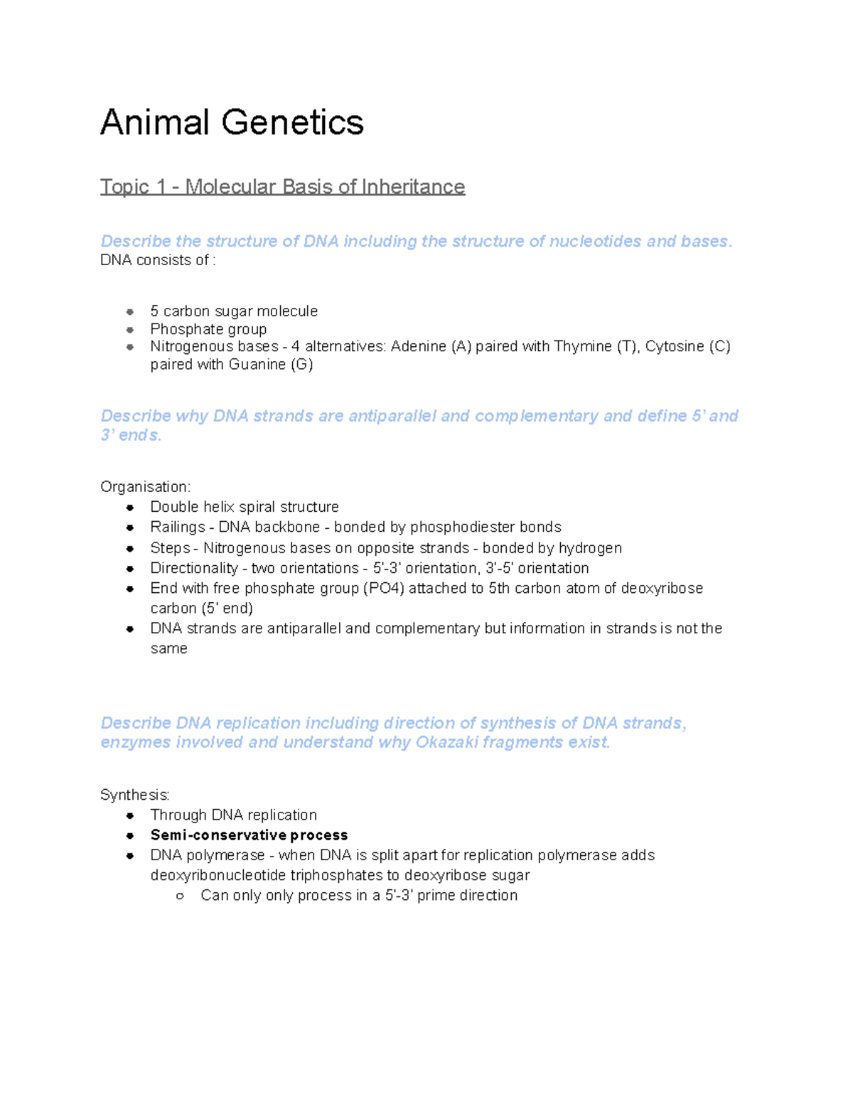 Animal Genetics Lecture - Animal Genetics Topic 1 - Molecular Basis Of ...