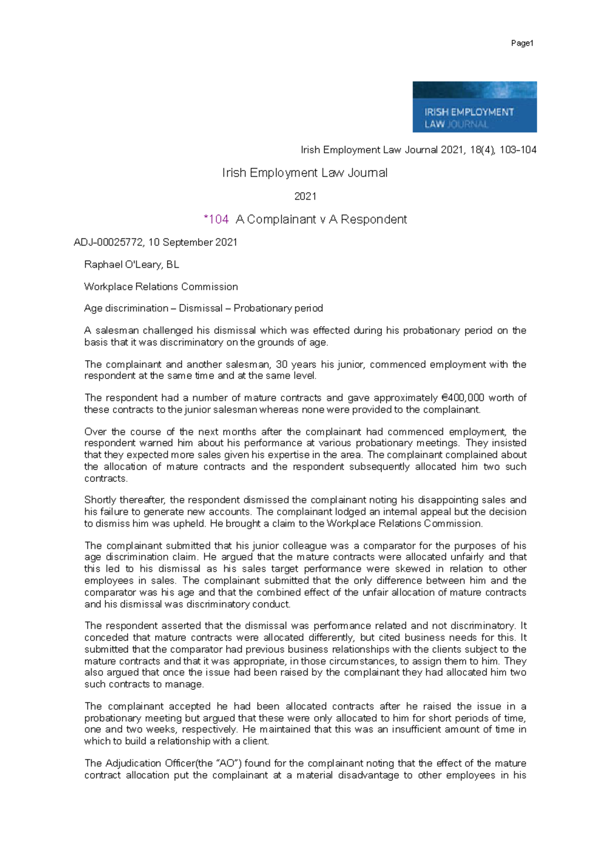 Age Dismissal case(PM) Irish Employment Law Journal 2021, 18(4), 103