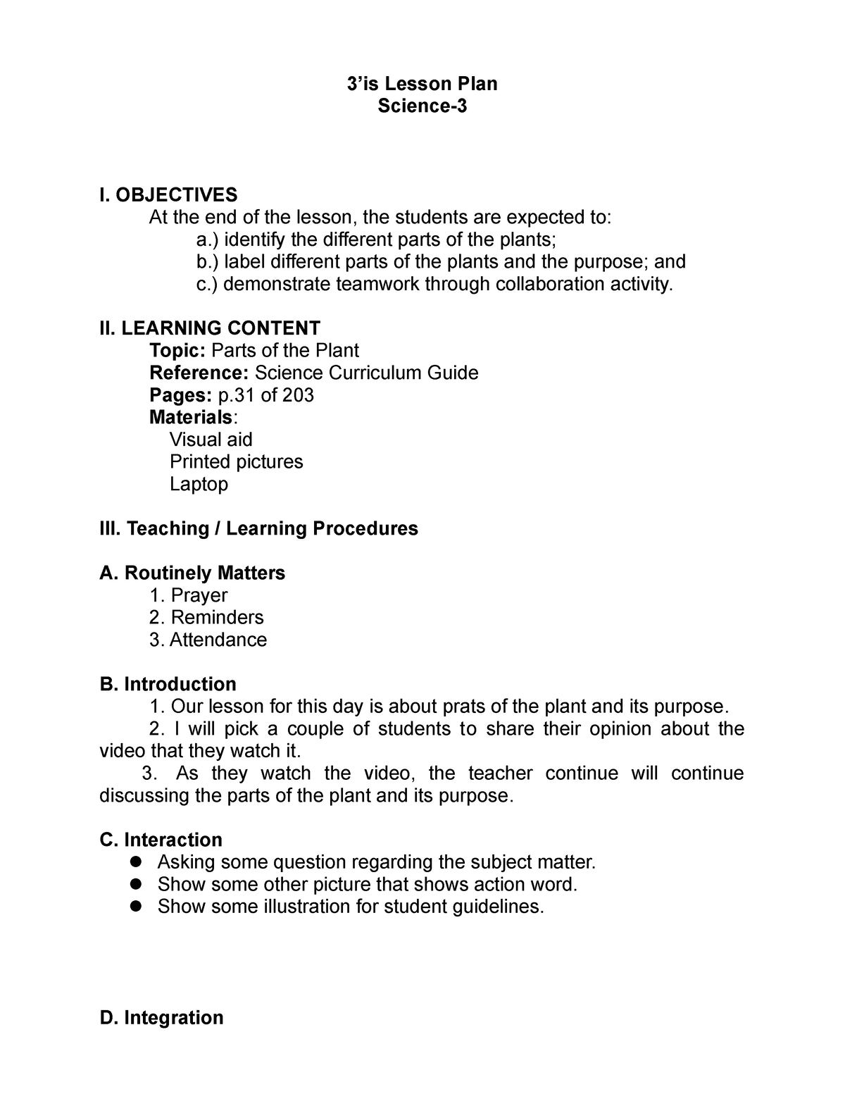 Lesson PLAN English 3Is - 3’is Lesson Plan Science- I. OBJECTIVES At ...