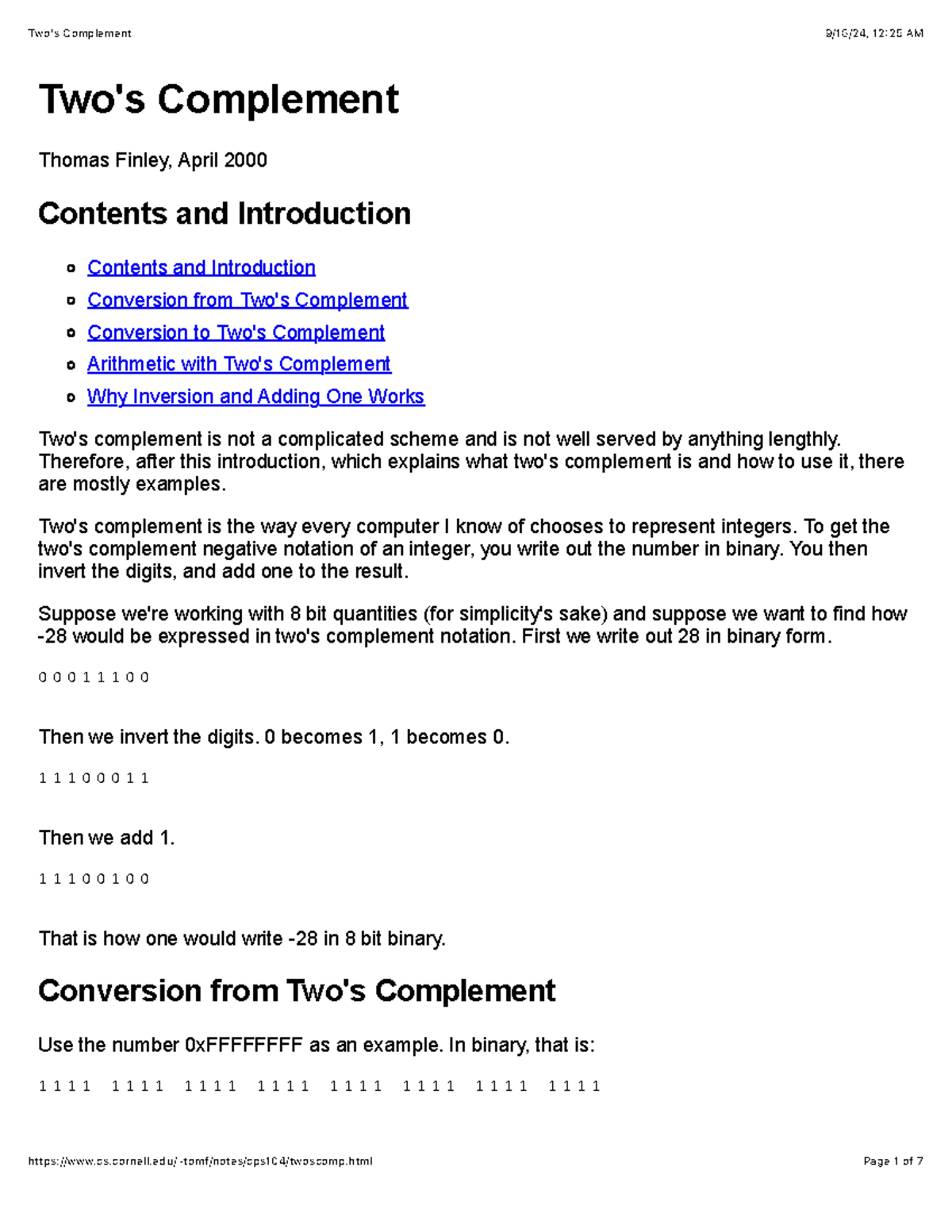 Two's Complement - Talks about binary. - Two's Complement Thomas Finley ...