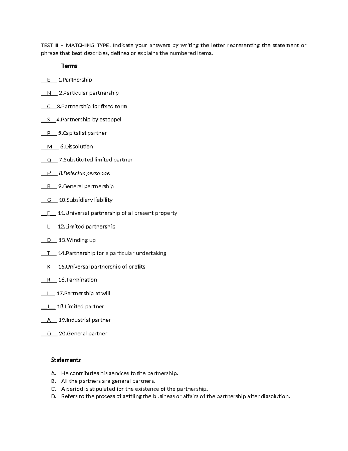 Partnership True or False - TEST II – MATCHING TYPE. Indicate your ...