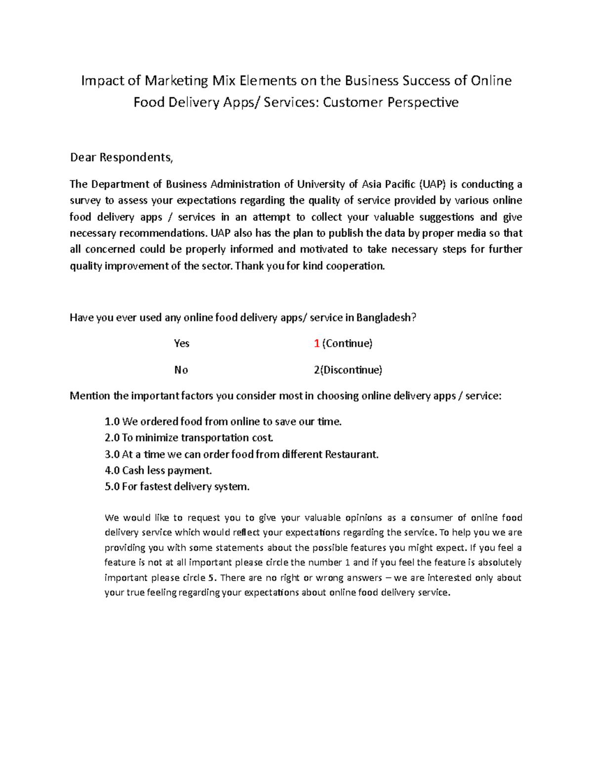 Questionnaire on Online Food Delivery Service Male Impact of