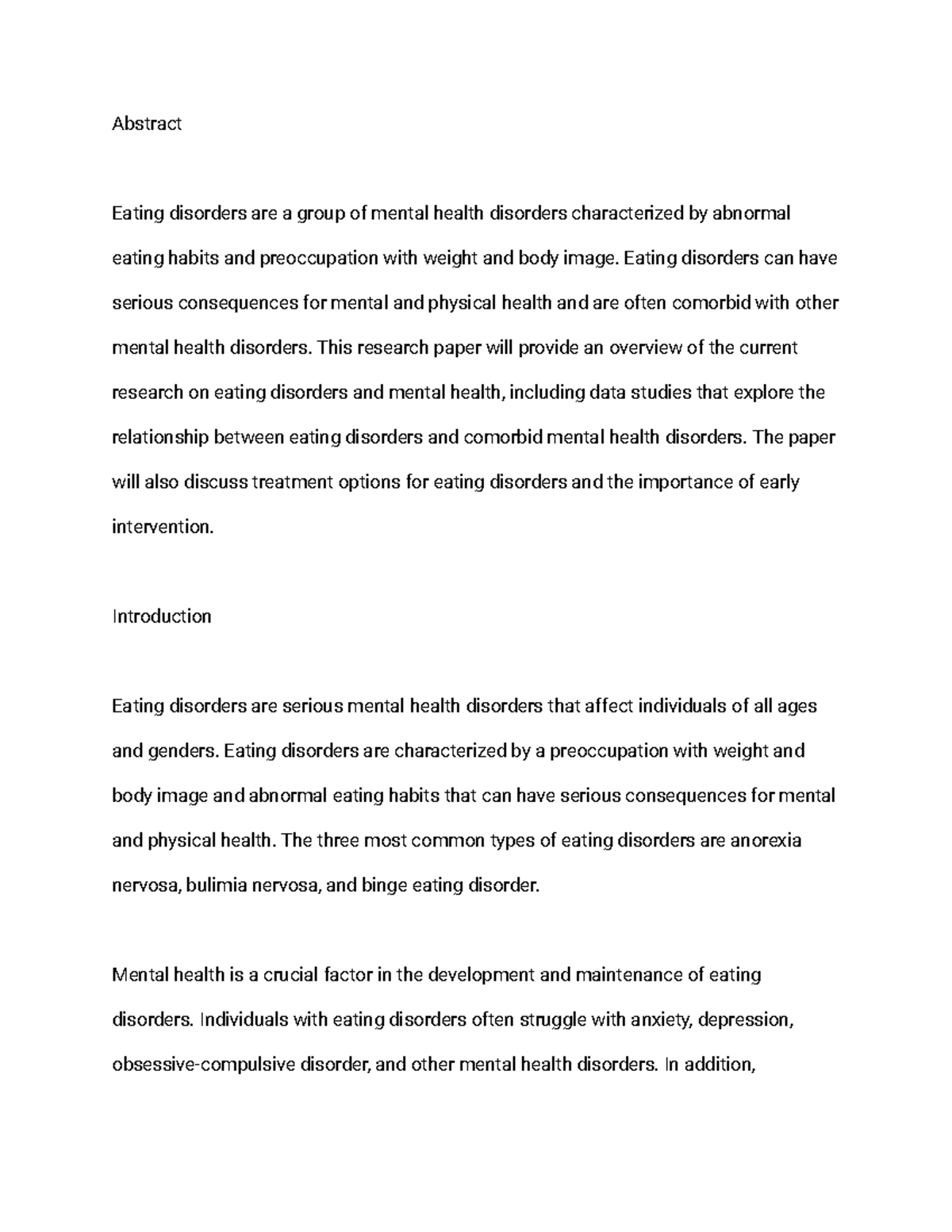 Research Paper Eating Disorder - Abstract Eating disorders are a group ...