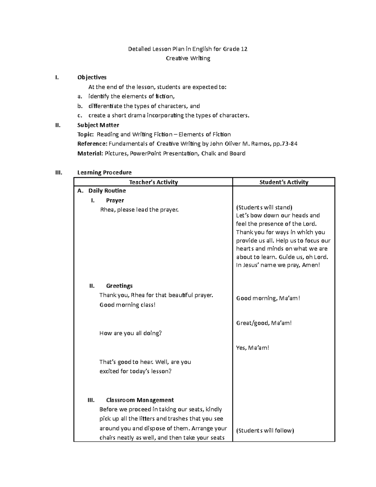 Elements of Fiction Character Revised DLP - Detailed Lesson Plan in ...