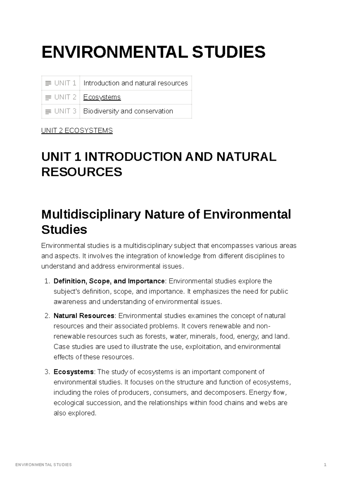 Environmental Studies UNIT 1 - ENVIRONMENTAL STUDIES UNIT 1 ...