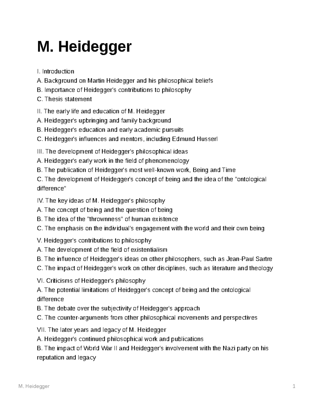 Mheidegger Outline M Heidegger 1 M Heidegger I Introduction A Background On Martin