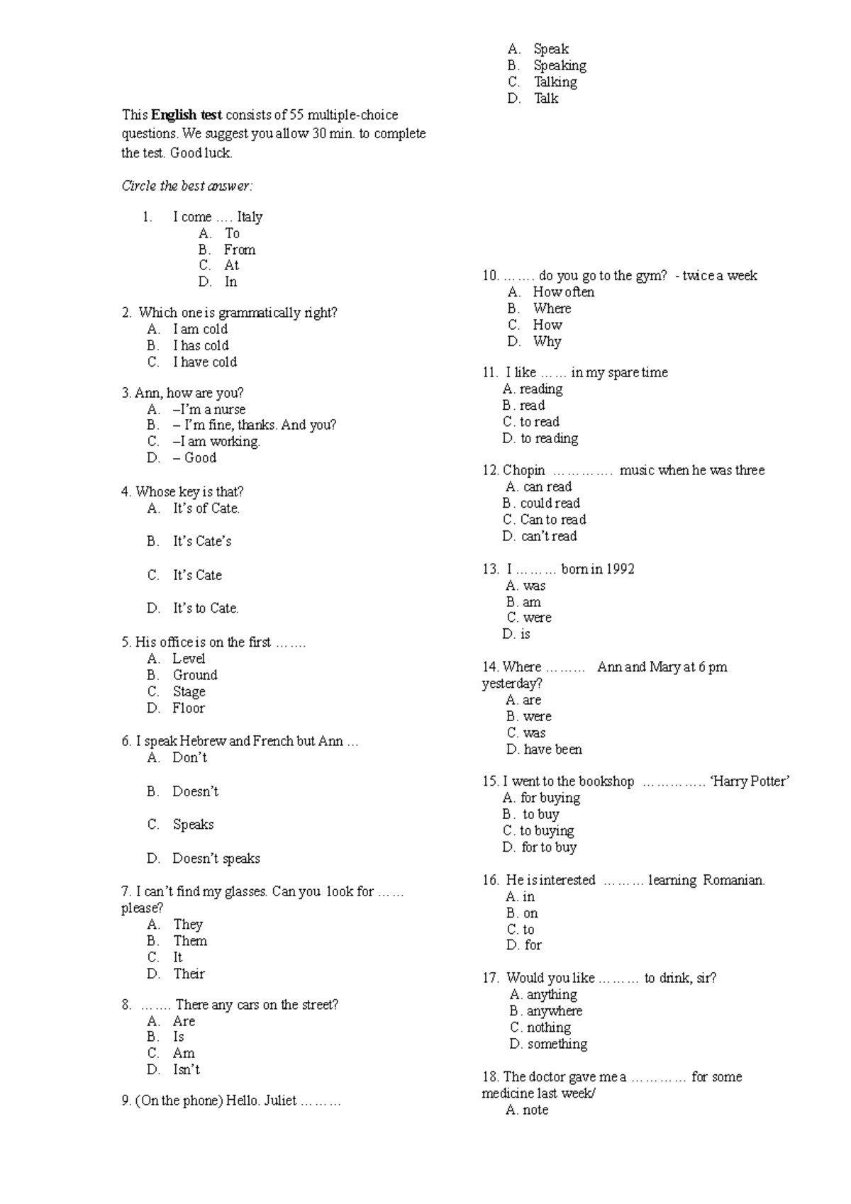 English TEST for entry to intermediate - This English test consists of ...