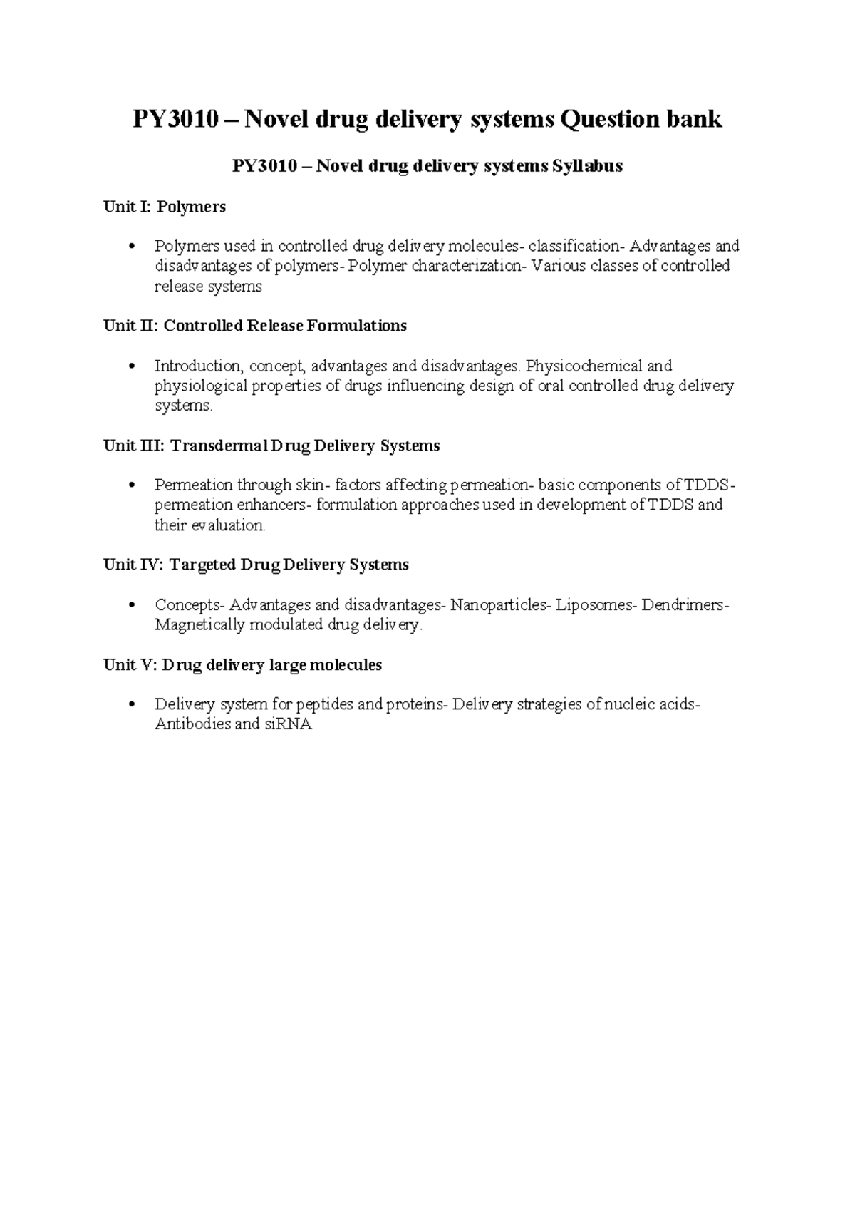 PY3010- NDDS notes - PY3010 – Novel drug delivery systems Question bank ...