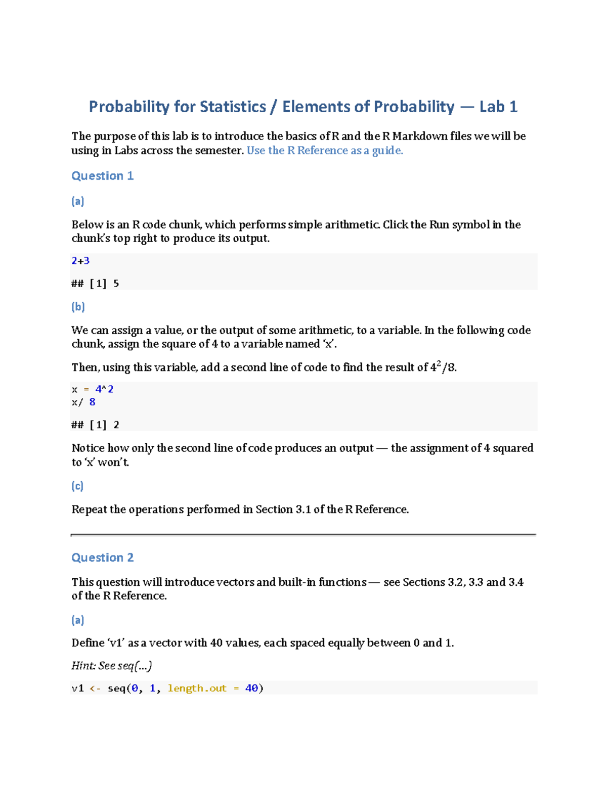 Lab 1 Answer PDF - Probability for Statistics / Elements of Probability ...