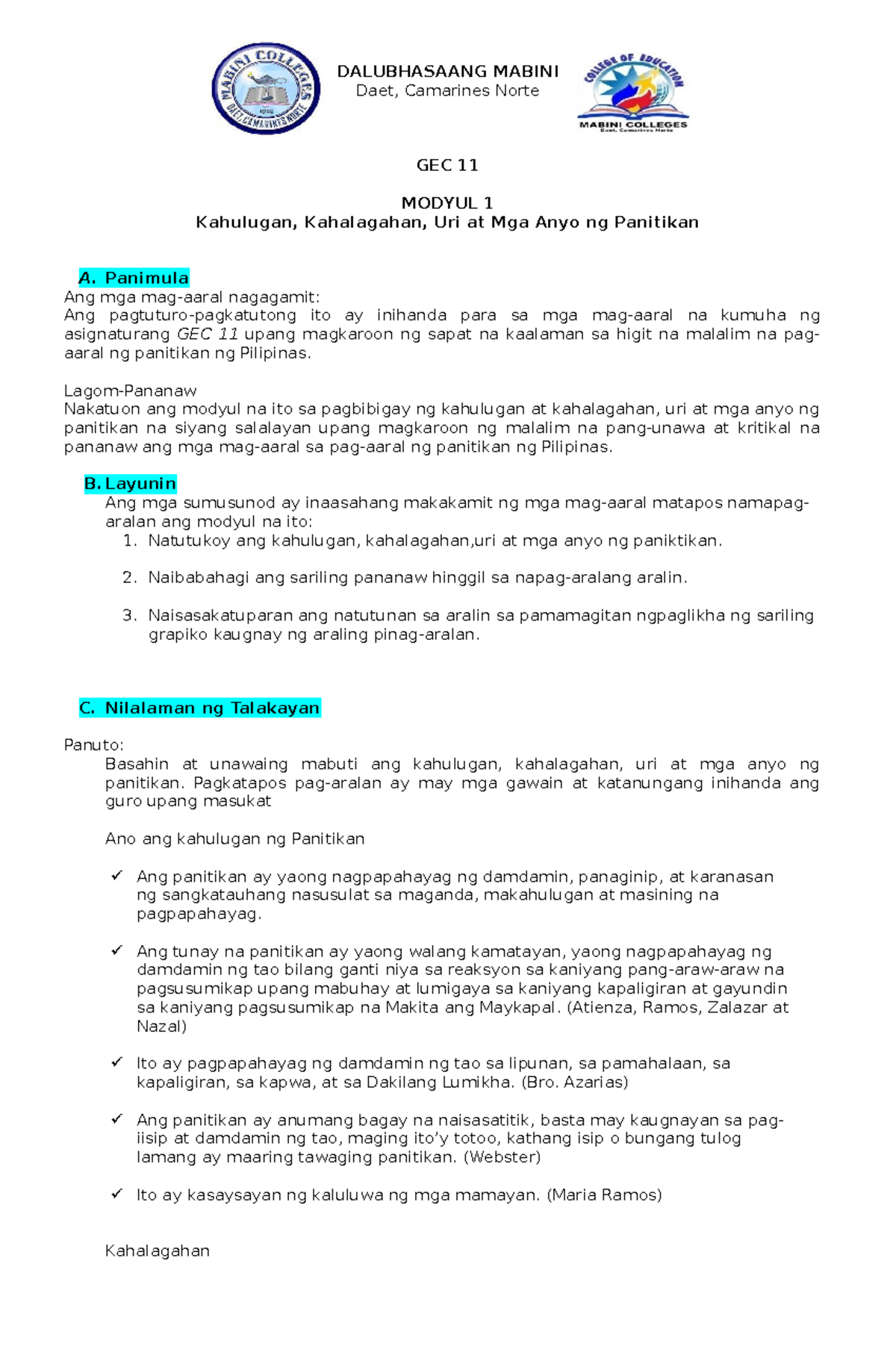 Modyul 1Gec 11 DALUBHASAANG MABINI Daet, Camarines Norte GEC 11