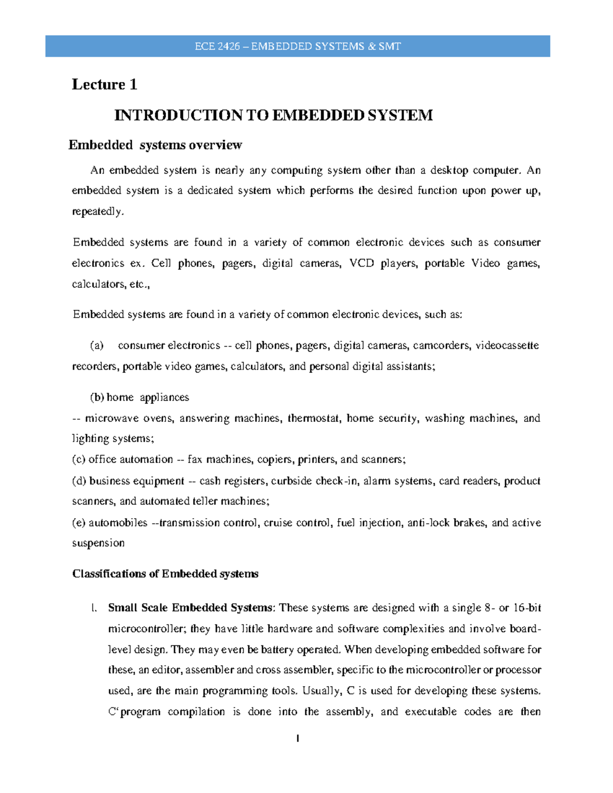 Lecture 1 - Introduction To Embedded Systems - Lecture 1 INTRODUCTION ...