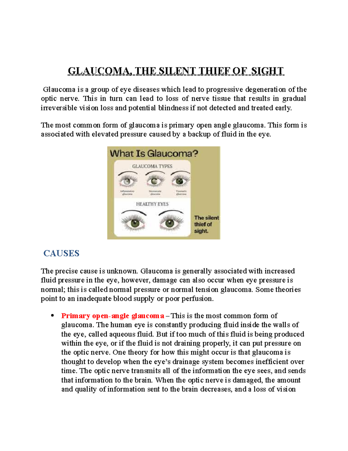 Glaucoma - Lecture notes - GLAUCOMA, THE SILENT THIEF OF SIGHT Glaucoma ...