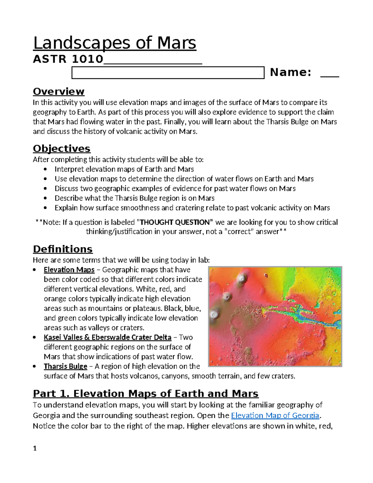 Mars Lab Landscapes Of Mars Astr 1010 Name Overview In This Activity You Will Use Elevation 9651
