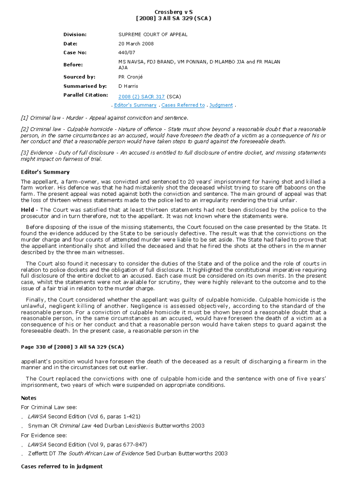 Crossberg v S [2008 ] 3 All SA 329 (SCA) - Crossberg v S [2008] 3 All ...