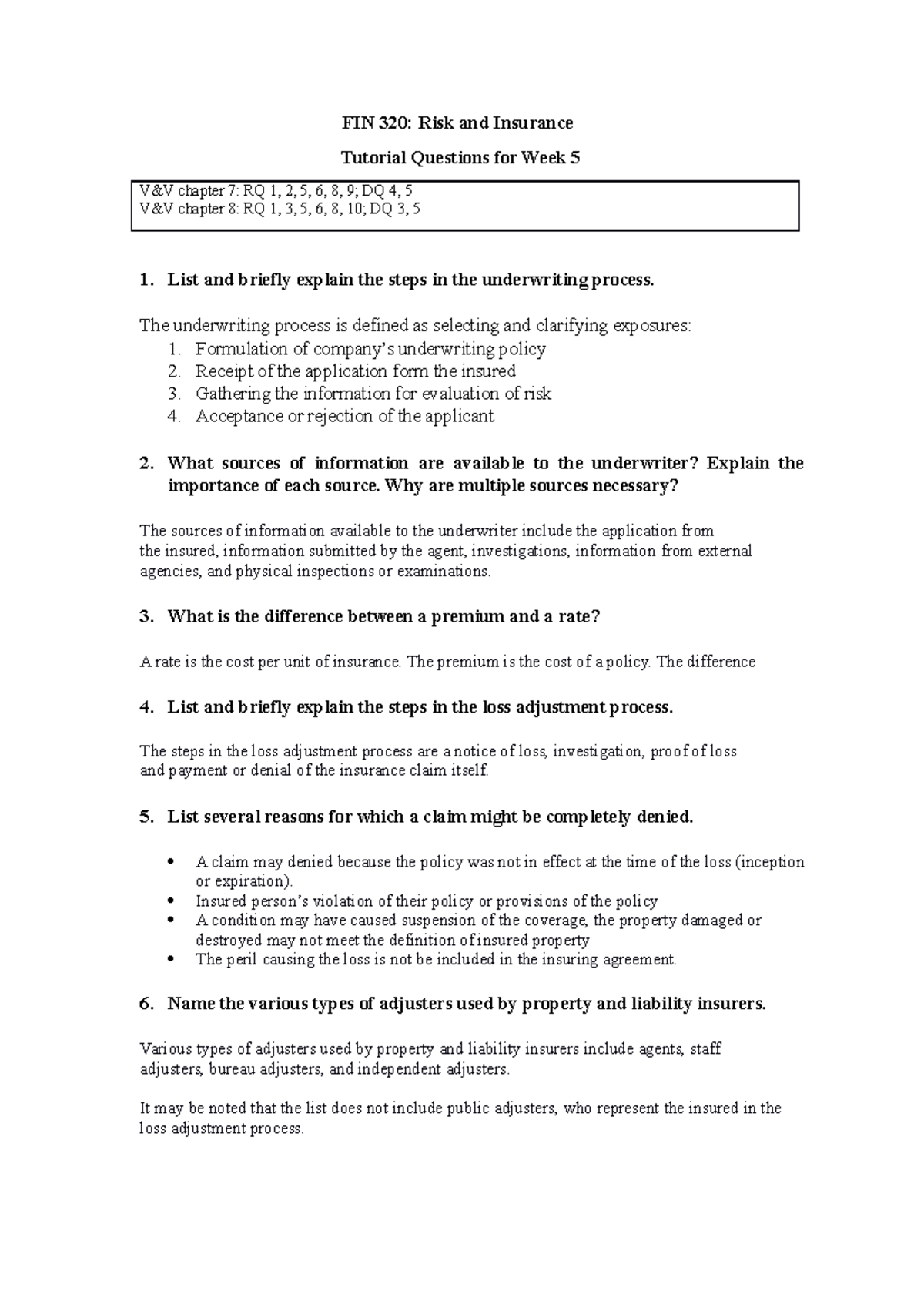 Tutorial Questions - Week 5 (Lecture 4) FIN320 - FIN 320: Risk And ...