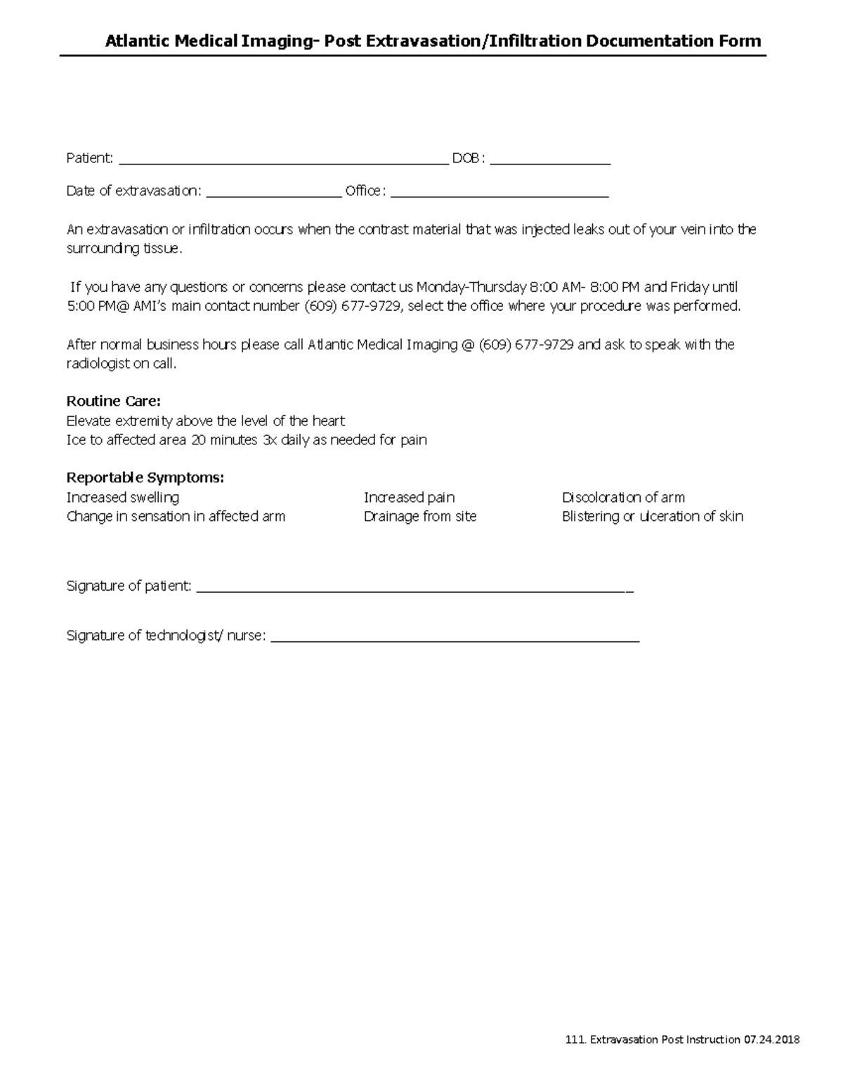 Extravasation Post Instruction - Patient 